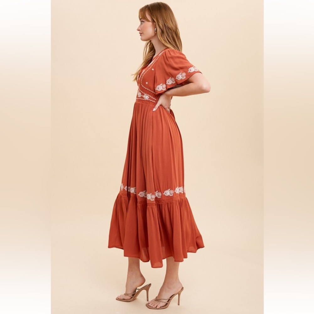 V Neck Embroidered Flutter Sleeve Dress|Rust - Picture 2 of 3